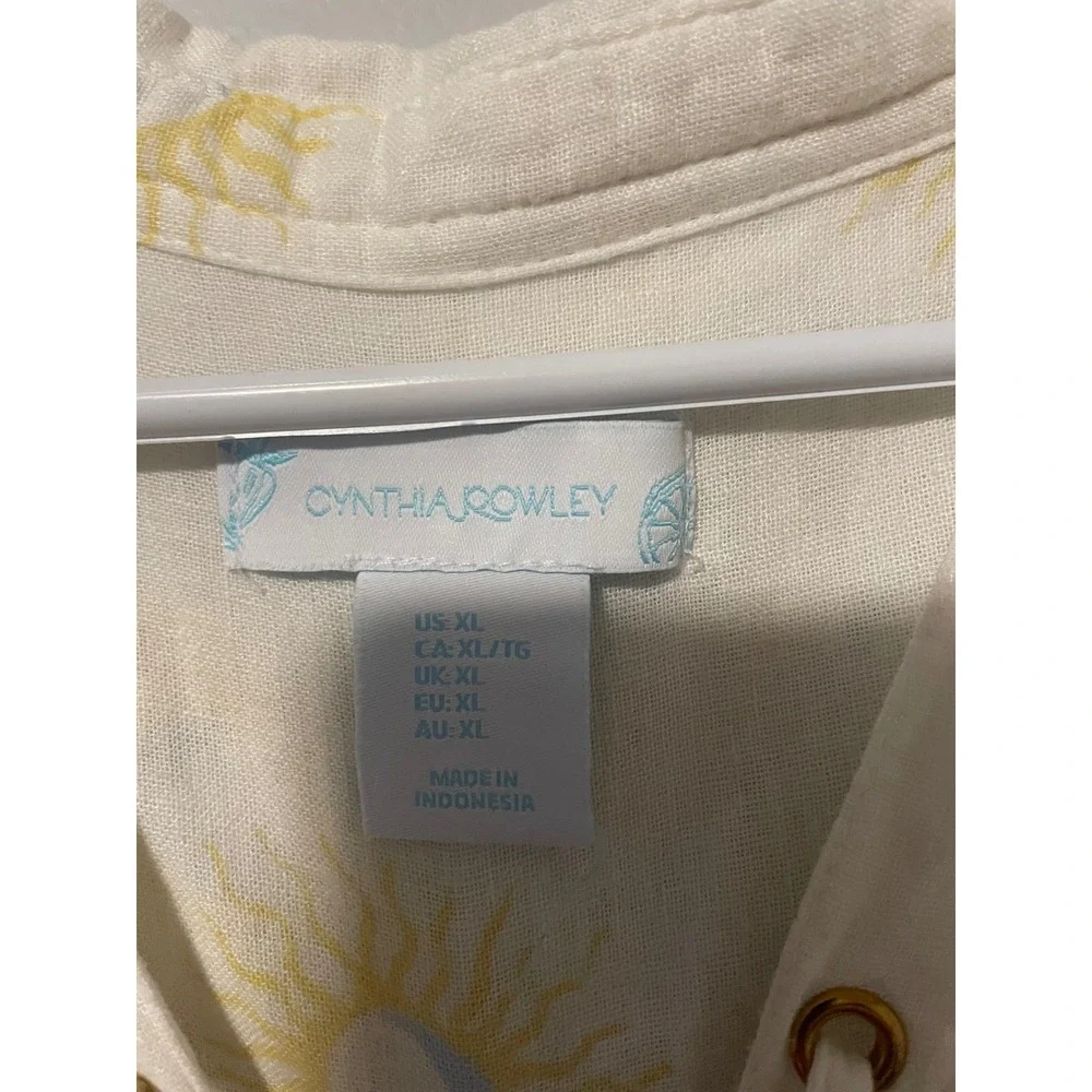 Cynthia Rowley Sun Moon Linen Blend Lace Up Beach Cover Up Dress XL White Yellow